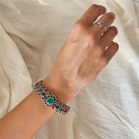 BANGLE- Pink And Green Stone German Oxidized Bangle – Sanskruti