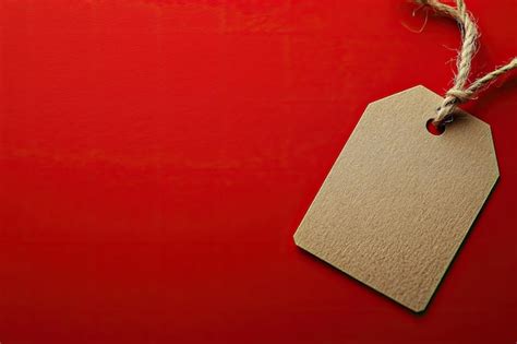 Brown blank clothing price tag or label mockup with strings on red ...