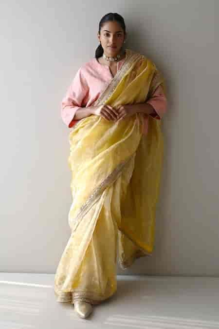 Buy Yellow Organza, Tissue Sequins, Zari Sumi Embroidered Border Saree ...