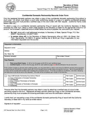 Fillable Online sos ca Confidential Domestic Partnership Records Order ...