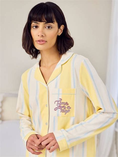 Chelsea Peers Stripe Time for a Nap Button Down Short Pyjama Set, Yellow