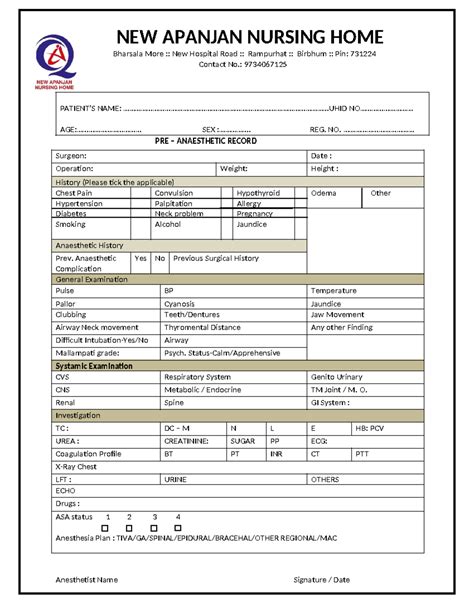 PRE Anesthesia Check - XXXXXXXXXXX - NEW APANJAN NURSING HOME Bharsala ...