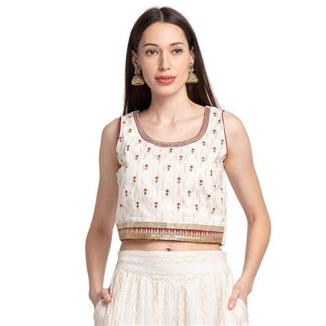 Globus Ecru Embroidered Sleeveless Ethnic Crop Top : Amazon.in ...