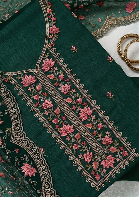 Buy Bottle Green Threadwork Tissue Unstitched Salwar Suit - Koskii