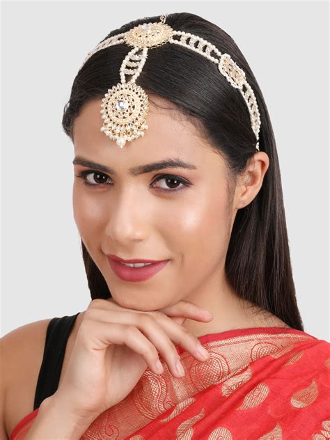 Women Gold-Plated & White Kundan Studded Sheeshphool Head Jewellery ...