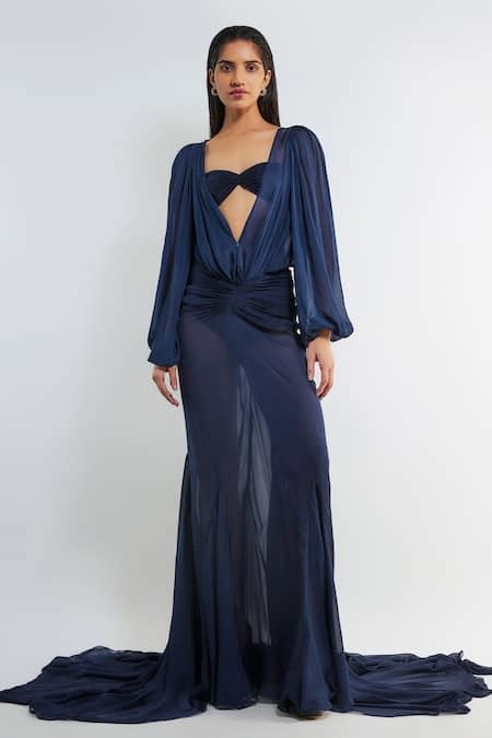 Buy Blue Chiffon, Lycra, Maheshwari Freja Puffed Sleeve Top And Draped ...