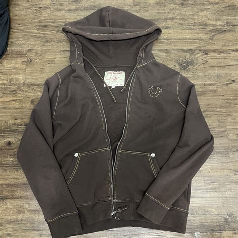 Brown True Religion zip-up hoodie size 2xl but fits... - Depop