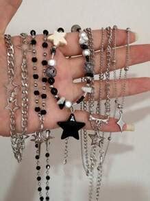 5pcs Vintage Goth Cool Star Pendant Beaded Silver Color Chain Necklace ...