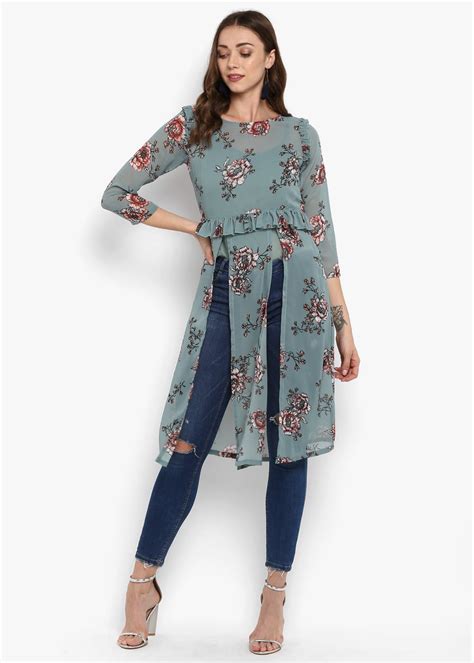 Get Dual Front Slit Detail Green Floral Top at ₹ 1529 | LBB Shop