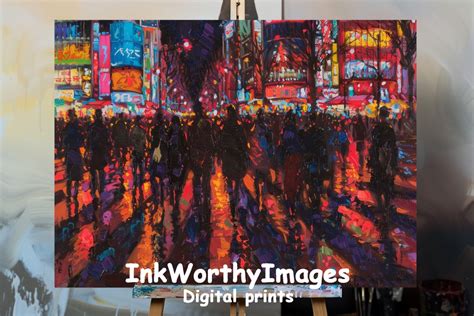 Digital art, wide angle, ambient haze street performer, neon signs, evening crowd, moody vibes 的图像结果