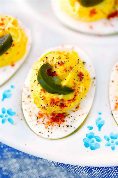 Jalapeño Deviled Eggs (with pickled jalapeños) - Bowl of Delicious