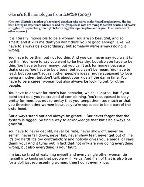 Barbie Movie Speech for Spacecat - Gloria's full monologue from Barbie ...