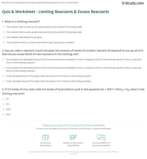 Quiz & Worksheet - Limiting Reactants & Excess Reactants | Study.com