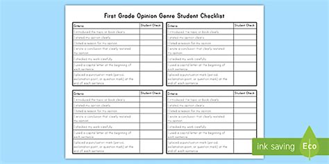 First Grade Opinion Writing Genre Student Checklist