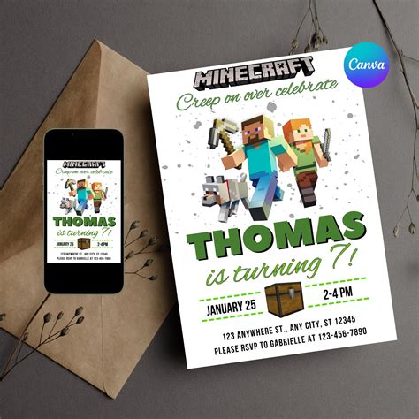 Editable Minecraft Birthday Invitations Template Printable Minecrafter ...