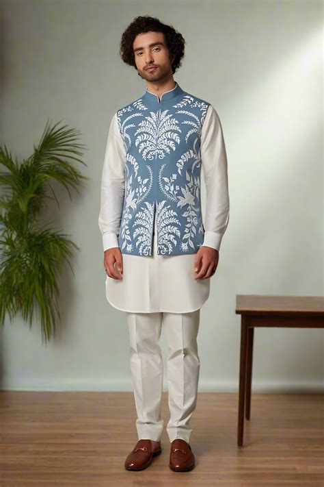 Elegant Men's Blue Applique Embroidery Waistcoat Set for Traditional S ...