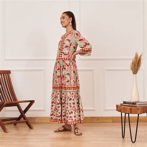 Buy Mint Green Leaf Print Tiered Dress | Rustorange