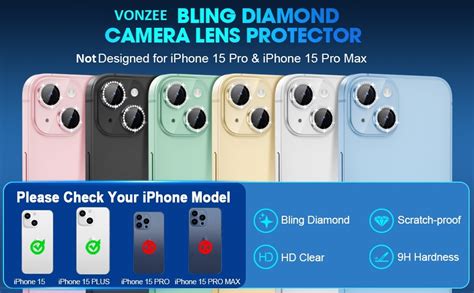 VONZEE Diamond Camera Lens Protector Compatible for iPhone 15 6.1 ...