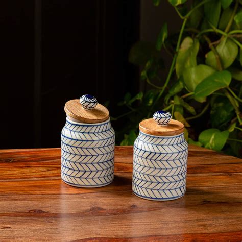 Buy ExclusiveLane 'Indigo Chevron' Multiutility Storage Ceramic Jars ...