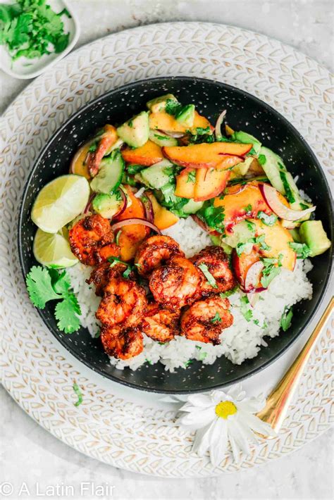 Spicy Shrimp Bowl Recipe with Rice and Peach Avocado Salad (Under 30 ...