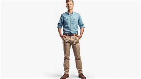 Premium Photo | A man in a blue shirt and khaki pants stands in front ...