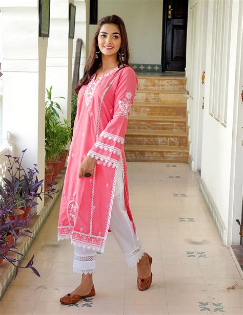 Pink Dark Kajodi Cotton Embroidery Kurta with Pant(2 Nos in 1 Set)