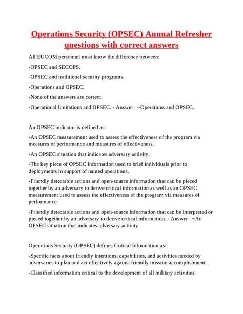 Operations Security (OPSEC) Annual Refresher questions with correct ...