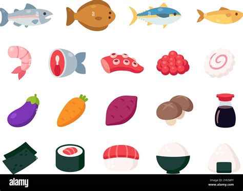 Japanese food ingredients cartoon icon set. Fish and seafood ...