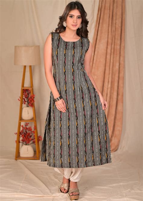 Beautiful A Line Sleeveless Black Cotton Ikat Kurta - Pant Optional ...