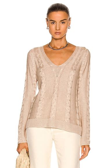 L'AGENCE Pia Cable V-Neck Sweater in Parchment | FWRD