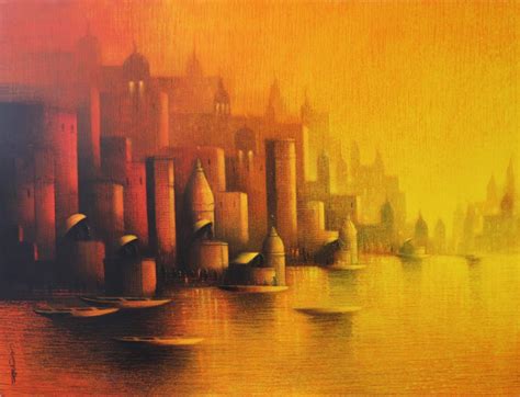 "Holy Banaras 2": Yellow-Orange Religious painting by Somnath Bothe ...