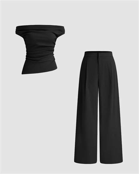 Off-shoulder Solid Texture Ruched Top With Mid Rise Trousers In Black ...
