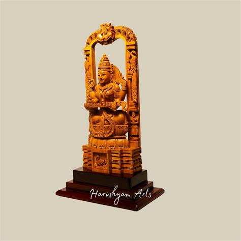 12" Temple Saraswati Wood Sculpture Seated on Kirtimukha Throne Sandal