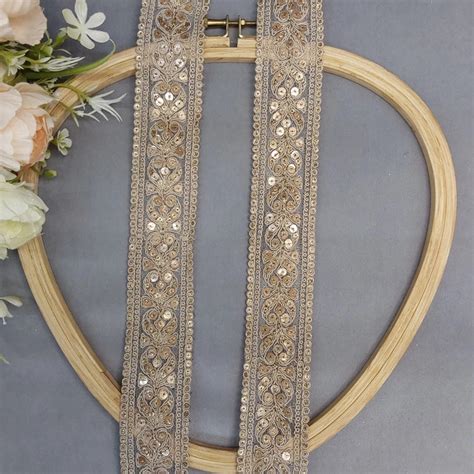 Organza Based Thread And Sequins Work 1.5 Inches Border light Brown 9M ...