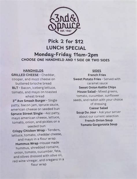 Menu at 3rd & Spruce Drafthaus pub & bar, Reading