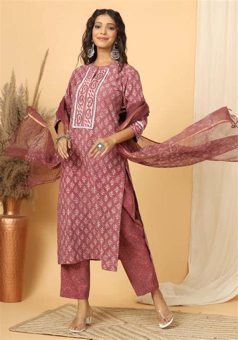 Maya - Hand Block Print Cotton Suit Set With Pure Kota Doria Dupatta ...