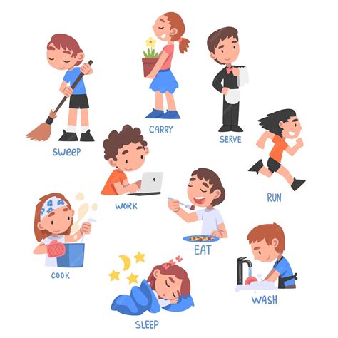 Action verbs set children education concept cute kids doing activities ...