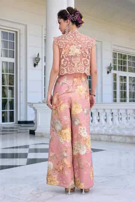 Buy Blush Brocade Embroidery V-neck Alysa Floral Jumpsuit And Cape Set ...