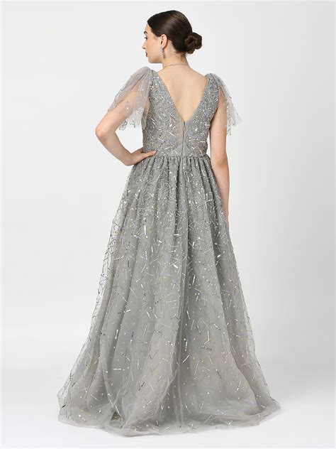 Princess Silver Embellished Gown with Tulip Sleeves – AaliyaIndia