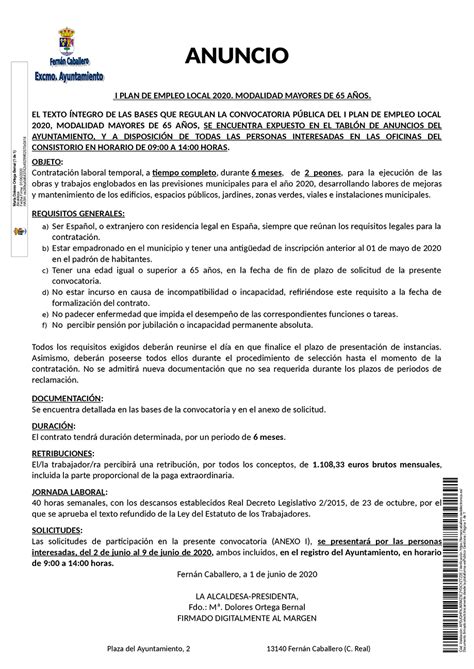 I PLAN DE EMPLEO LOCAL 2020. MODALIDAD MAYORES DE 65 AÑOS.