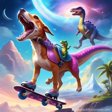 Dog Rollerblading with Dinosaur | Stable Diffusion Online