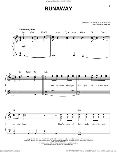 Bon Jovi: Runaway sheet music for piano solo (PDF-interactive)