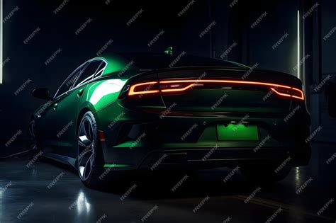 Premium Photo | A green dodge charger with the license plate lit up in the dark.