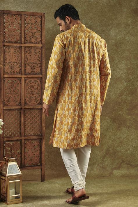 Mustard Yellow Printed Silk kurta pajama set