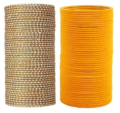 Guddan Golden & Yellow Metal Velvet Bangle Set (96 Bangles) : Amazon.in ...