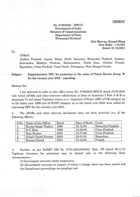 Supplementary DPC for promotion to the cadre of Postal Service Group B ...
