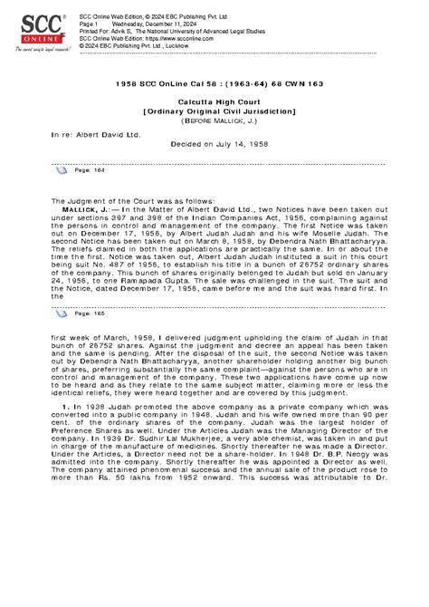 SCC 1958 Case Analysis: In re Albert David Ltd. - Legal Insights - Studocu