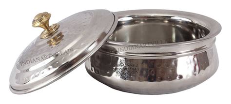 Pure Steel Serving Hammered Design Handi With Lid, Brass Knob