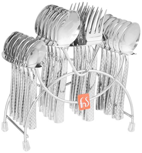 FnS Rhombo Stainless Steel Cutlery Set with Hanging Stand, 24-Piece (6 ...
