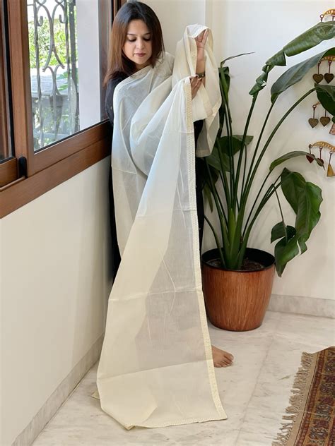Off-White Cotton Dupatta with Embroidery - Masakalee